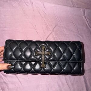 Black Quilted Clutch with Cross Detail Chrome Hearts